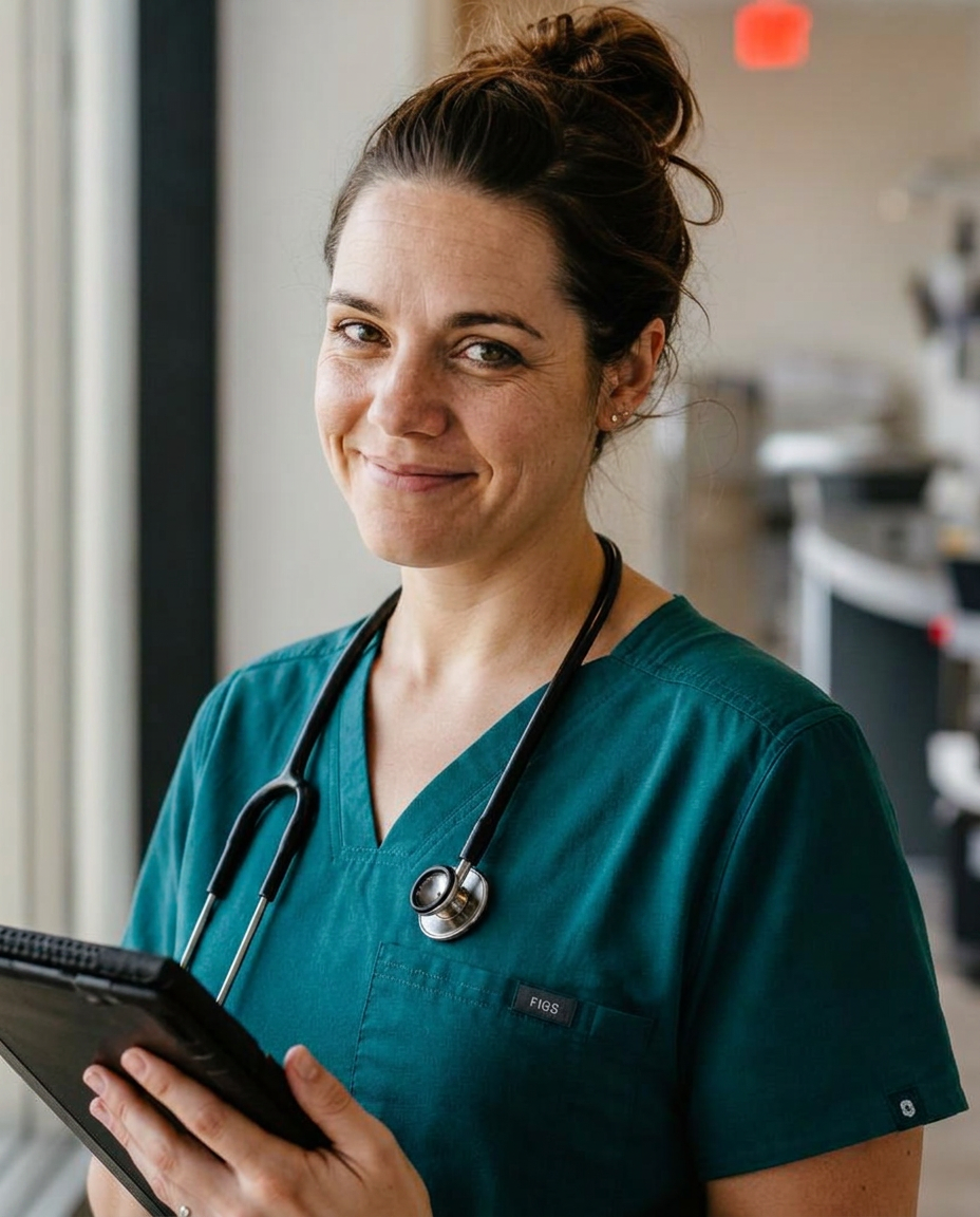 A nurse practitioner reviewing a tablet in a sunlit clinic